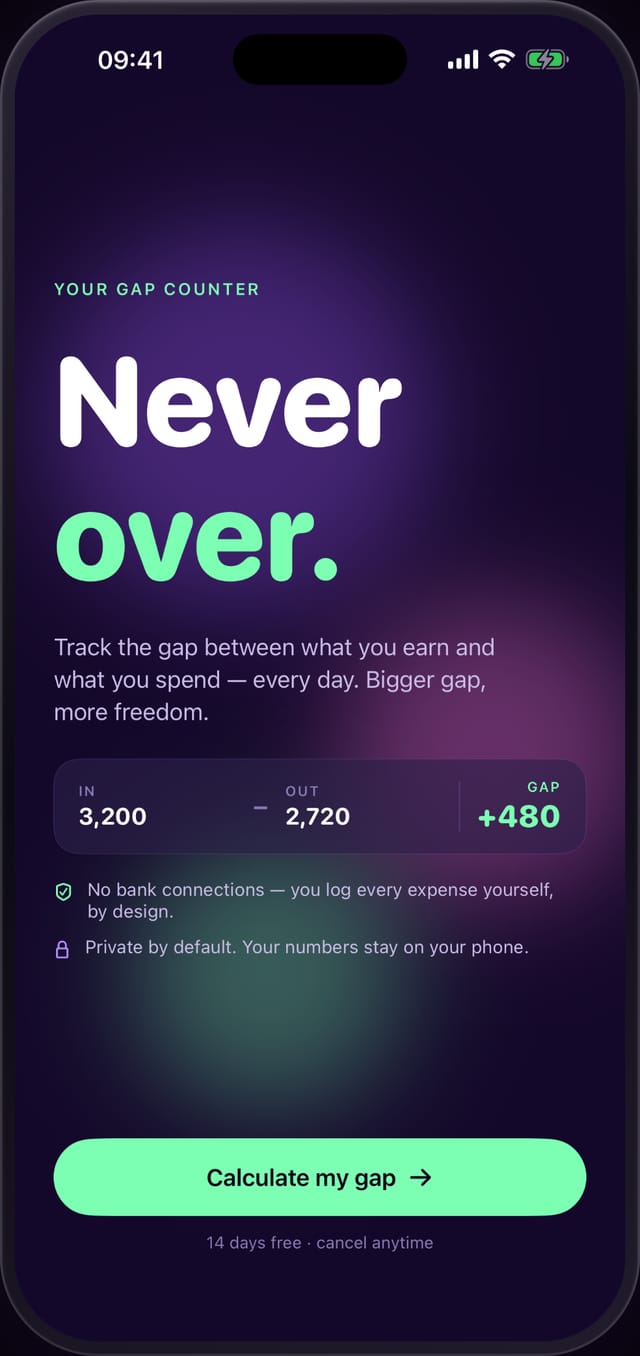 Power Gap gap counter: income minus spending equals your gap — no bank connections